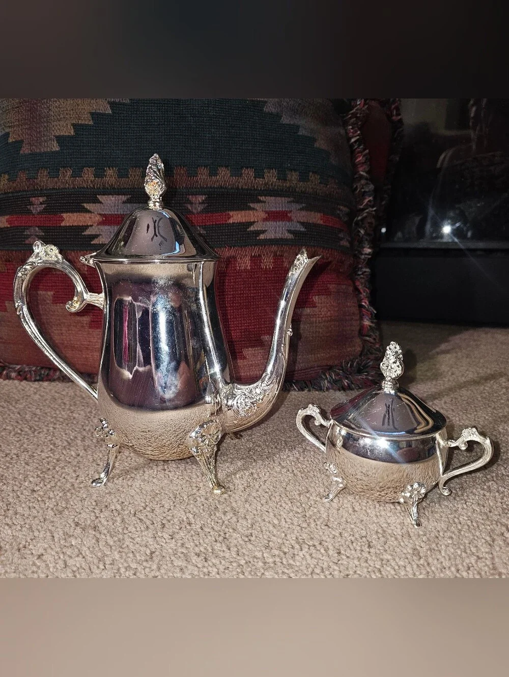 Vintage silverplated coffee/tea pot and covered sugar bowl set.